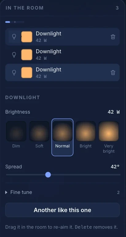 The Light panel: three downlights in the room, brightness from Dim to Very bright, and a spread slider