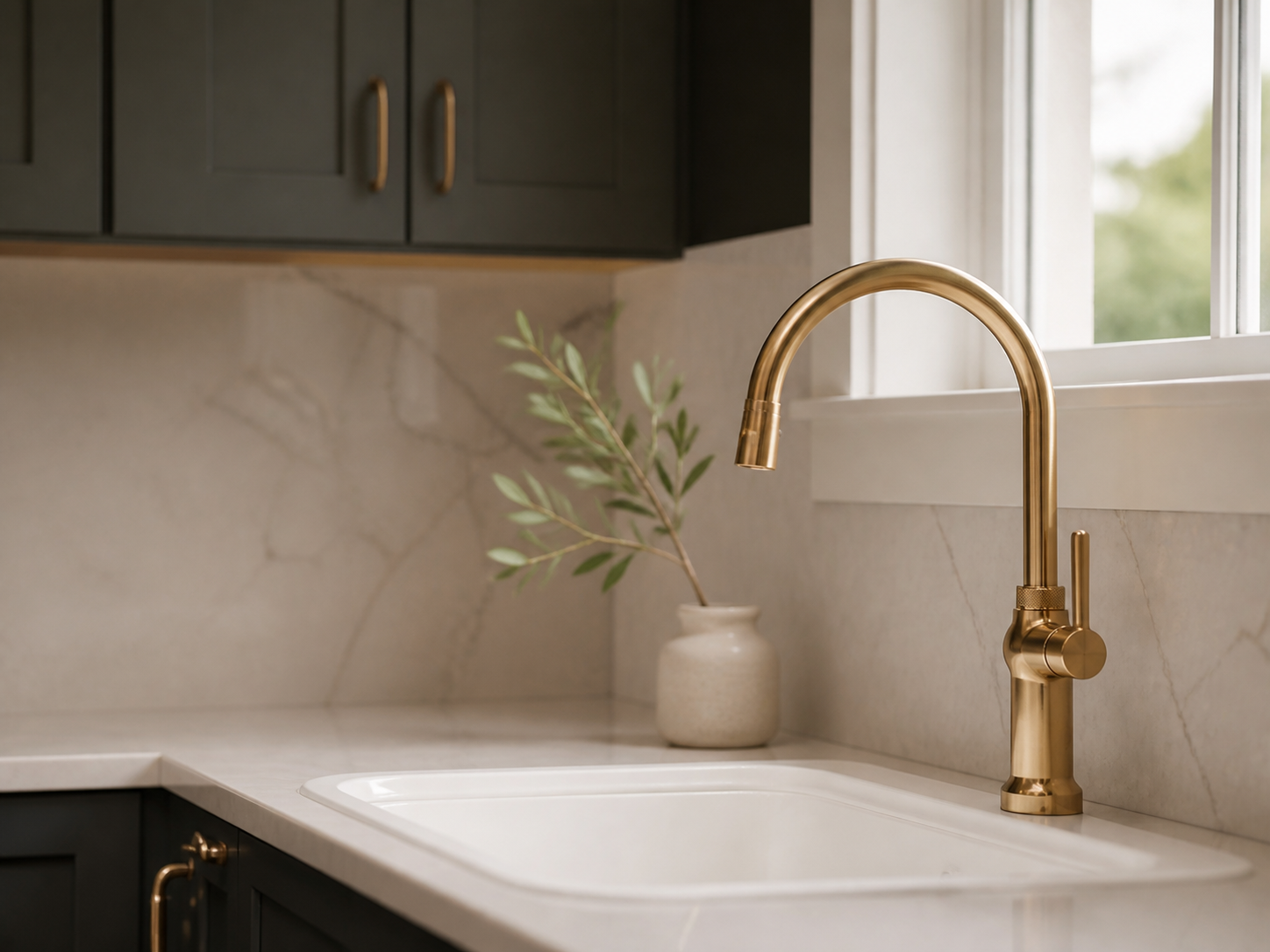 A brushed brass tap catching light from a window