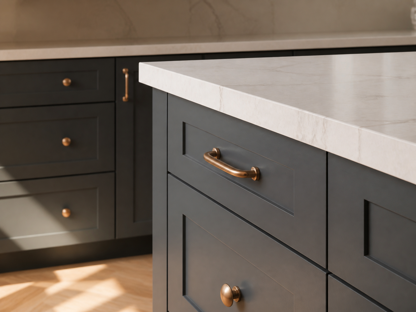 The edge of a marble countertop meeting a charcoal shaker island